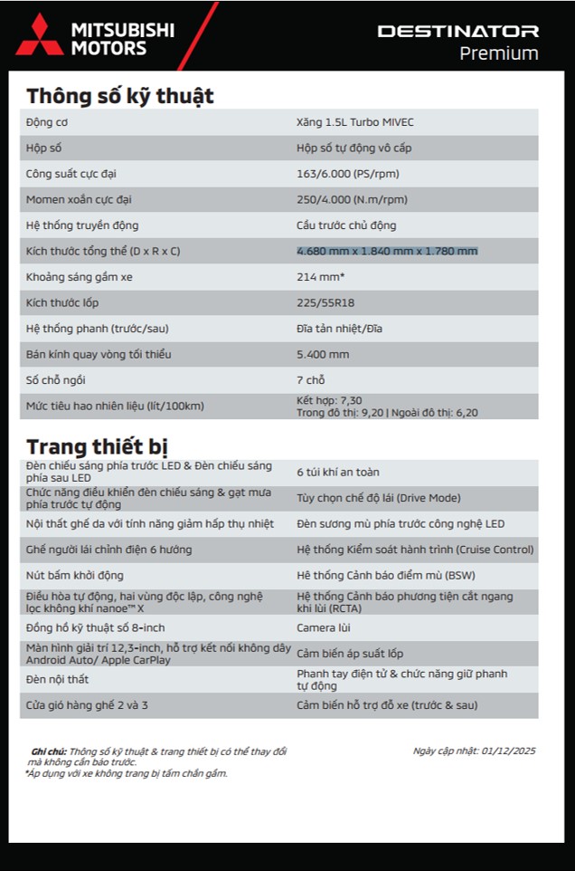 THÔNG SỐ mitsubishi destinator